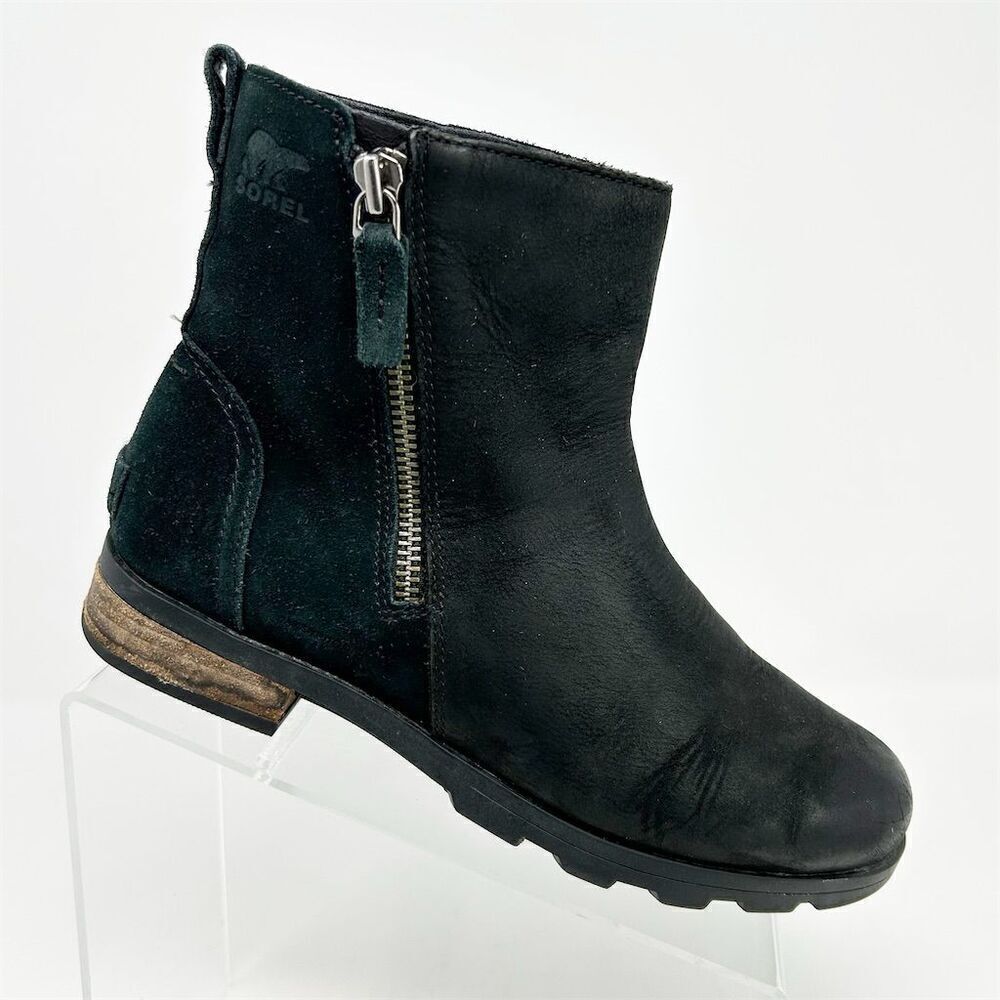 Sorel Women's Emelie Black Leather Zip Waterproof Ankle Boots Size 8 Fall